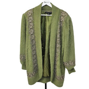 Vintage Angora Wool Blend Soft Beaded Embroidered Puff Sleeve Cardigan  Large
